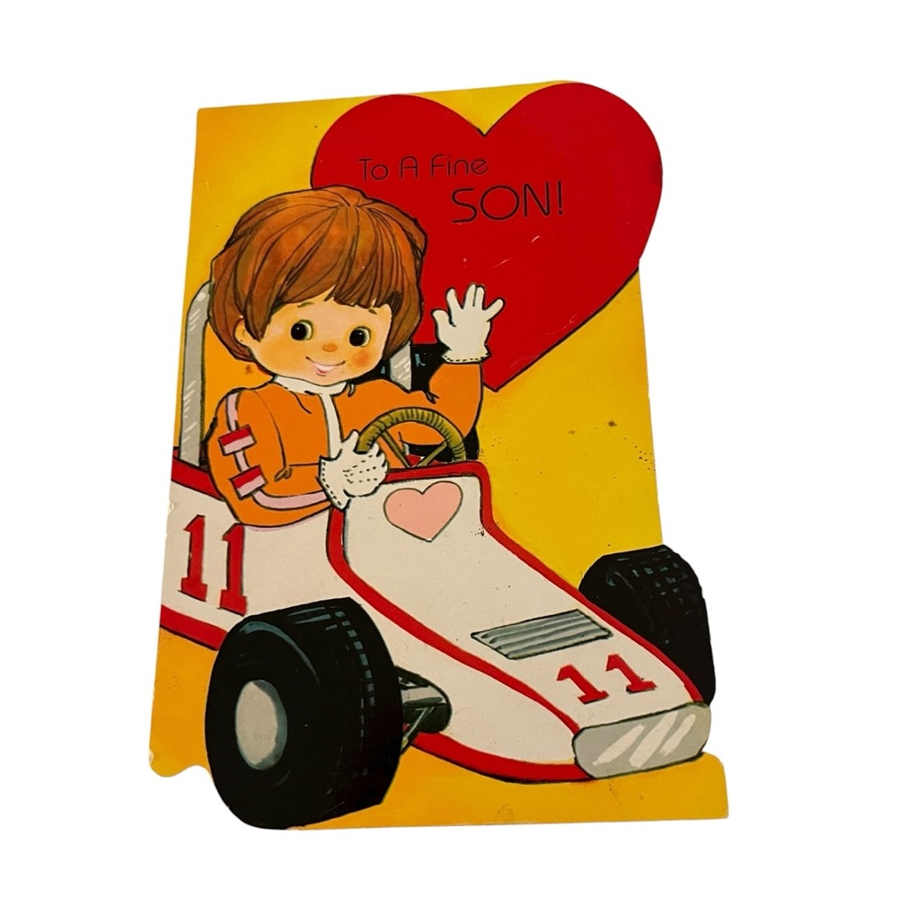 Unused Vintage Greeting Card Valentines Day Die Cut For a Fine Son Speed Racer